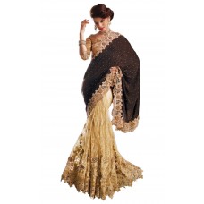 Triveni Luxurious Brown Colored Embroidered Net Velvet Saree